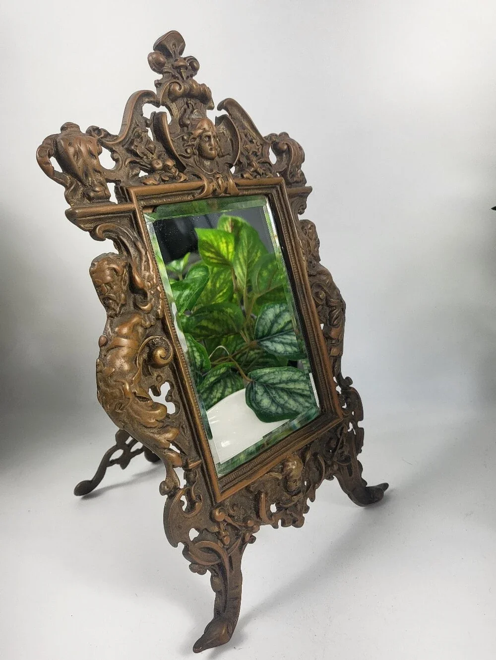 Antique Brass Mirror w/Easel- Late 19th Century High Relief Bacchus Mask Baroque